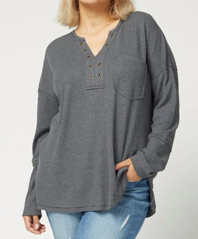 V-Neck With Grommets Top In Charcoal