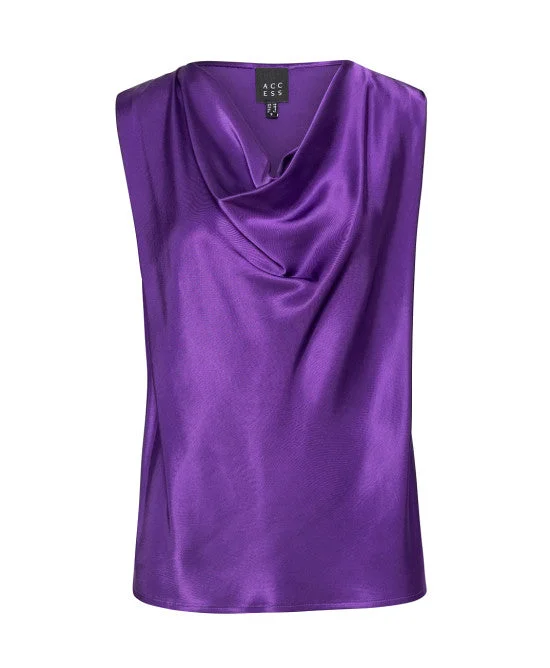 Access Fashion Purple Sleeveless Satin Blouse With Draped Neckline