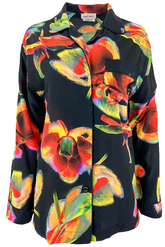 Alexander McQueen Solarised Orchid-Print Button Down Shirt in Black Multi