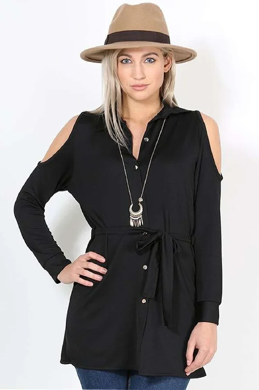 Daniella Black Cold Shoulder Belted Shirt