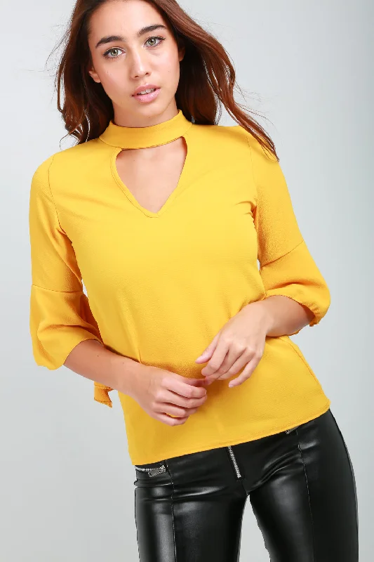 Choker Neck Mustard Frill Sleeve Blouse