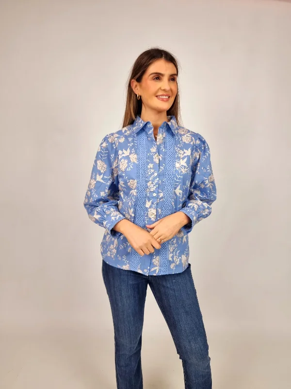 Esqualo Blouse Poplin Blue Flower Print