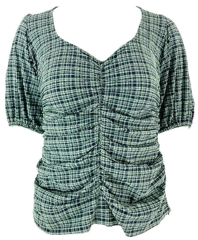 Ganni V-Neck Seersucker Blouse in Green and Black Plaid