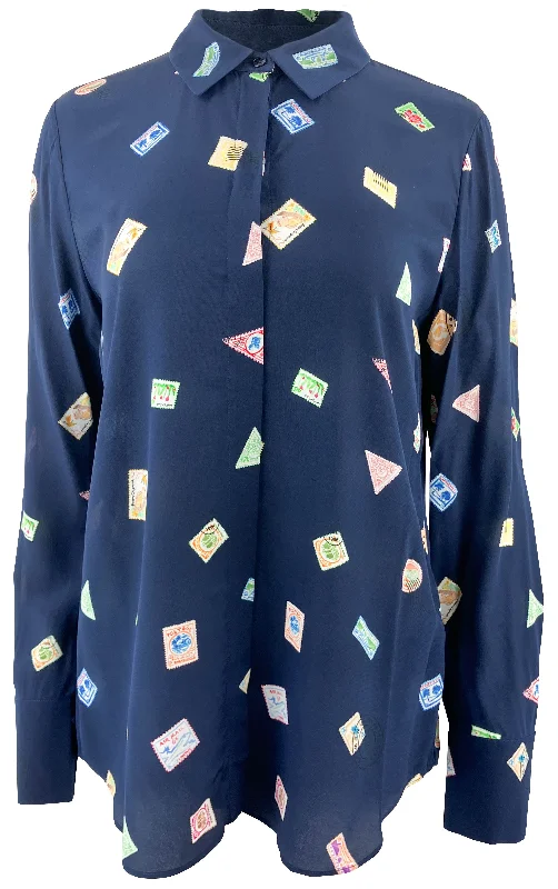 Lafayette 148 Petite Postage Stamp Print Silk Blouse in Midnight Blue