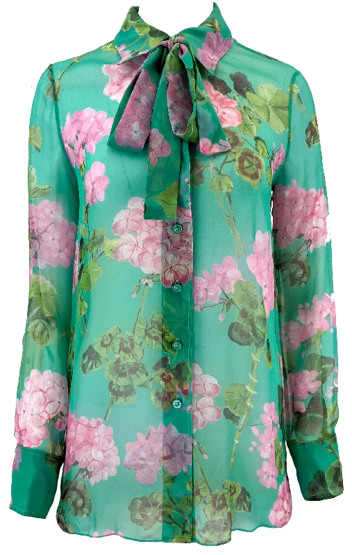 Oscar de la Renta Tie Neck Geranium Blouse in Teal