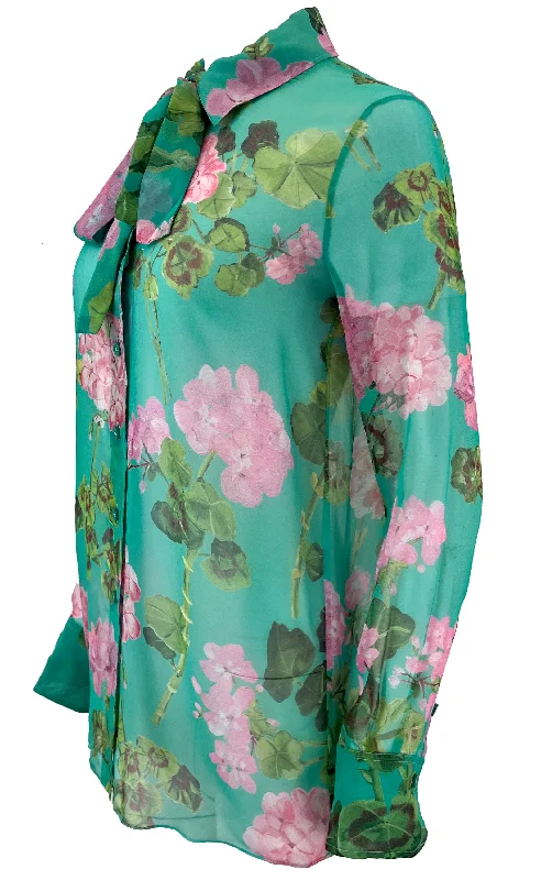 Oscar de la Renta Tie Neck Geranium Blouse in Teal