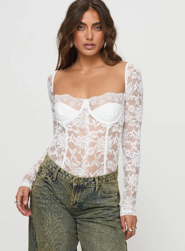 Cadrot Long Sleeve Lace Bodysuit White