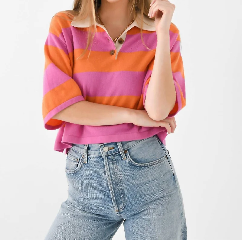 Cashmere Cropped Striped Polo Sweater In Fondant Pink/bright Tangerine