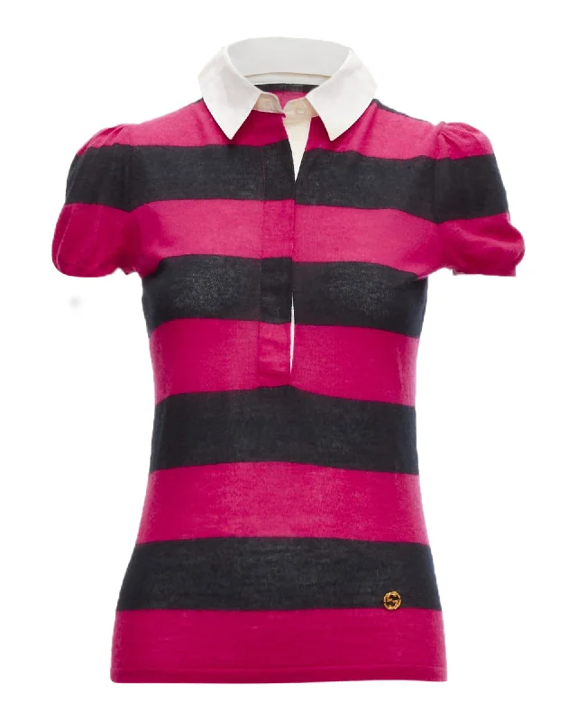 GUCCI 100% cashmere pink black GG logo charm cotton collar puff sleeve polo shirt