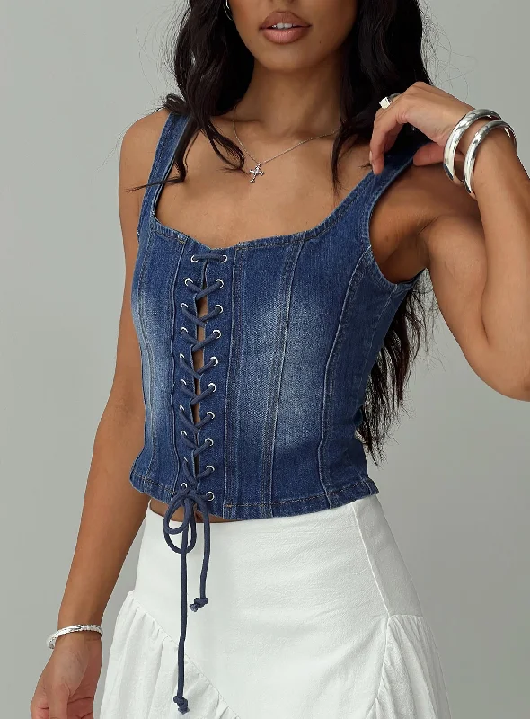 Packston Lace Up Denim Top Mid Wash