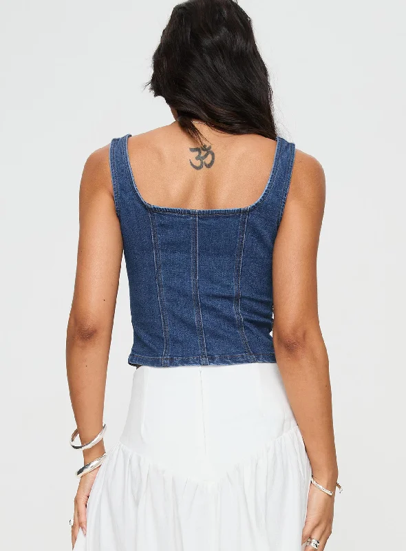 Packston Lace Up Denim Top Mid Wash