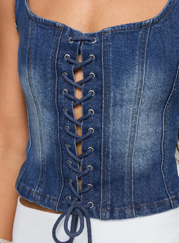 Packston Lace Up Denim Top Mid Wash