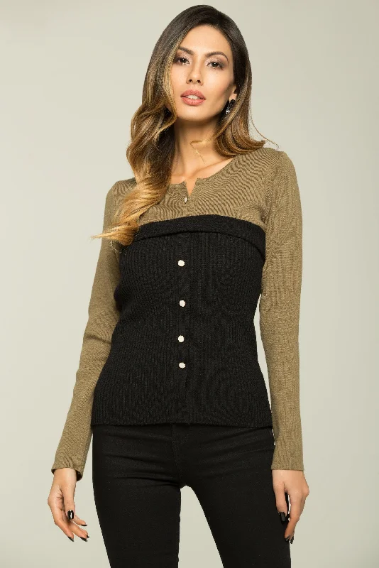 Olive Green and Black Button Up Sweater Top