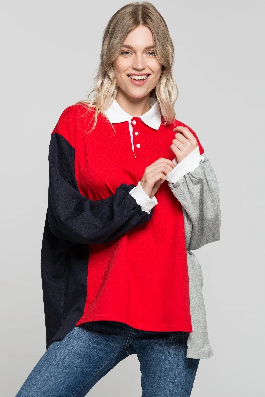 Red And Blue Oversized Sweater Top