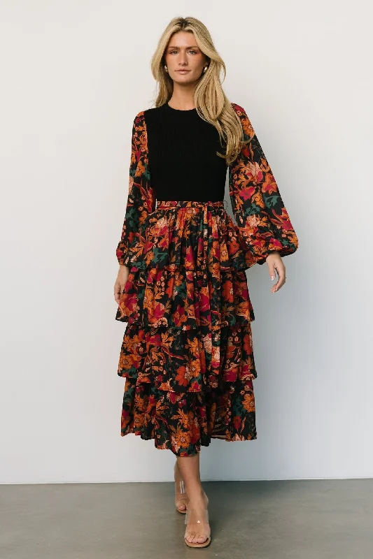 Sylvie Tiered Midi Dress | Black Multi