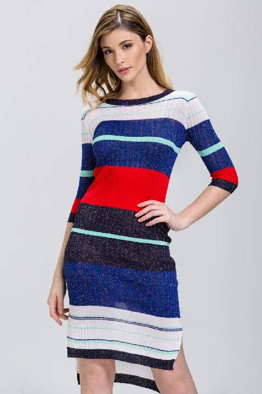 Striped Bodycon Sweater Dress with High-Low Hemline