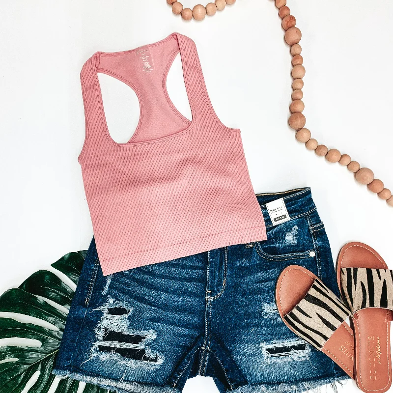 Cute and Casual Ribbed Square Neck Cropped Tank Top in Coral Pink