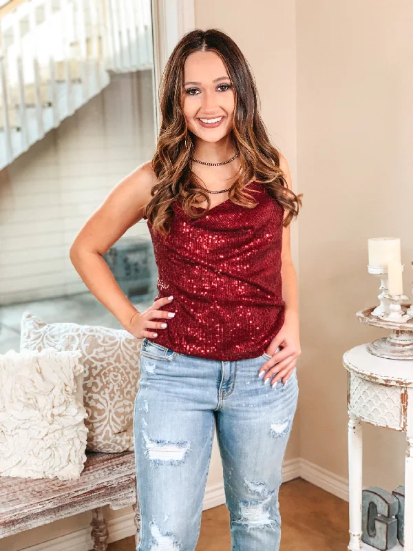 Last Chance Size Medium | Let It Shimmer Cowl Neck Spaghetti Strap Sequin Top in Maroon