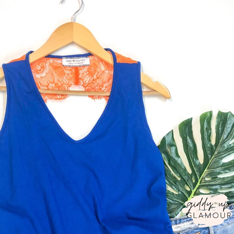 Last Chance Size Small | Open Back Tank Top with Orange Lace Detailing in Royal Blue | ONLY 1 LEFT!