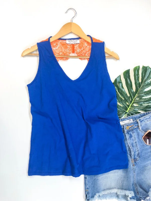 Last Chance Size Small | Open Back Tank Top with Orange Lace Detailing in Royal Blue | ONLY 1 LEFT!