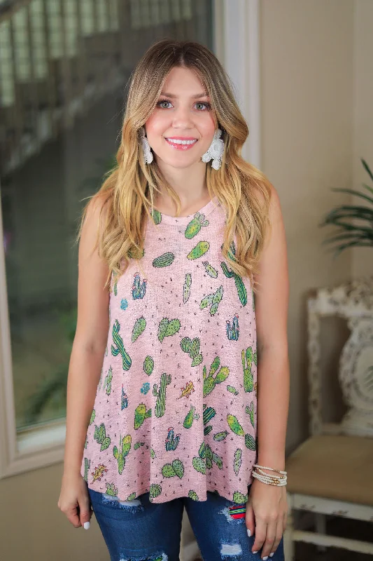 Point Made Cactus Print Halter Tank Top in Light Pink