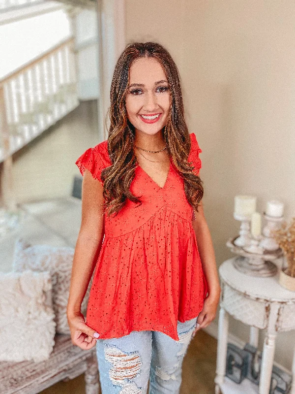 Last Chance Size Med. & Large | A Walk On The Pier Ruffle Sleeve Eyelet Babydoll Top in Red