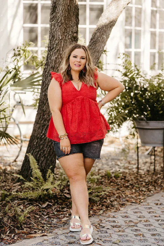 Last Chance Size Med. & Large | A Walk On The Pier Ruffle Sleeve Eyelet Babydoll Top in Red