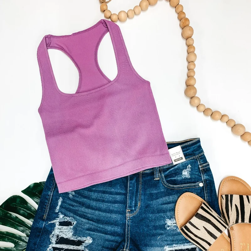 Cute and Casual Ribbed Square Neck Cropped Tank Top in Purple