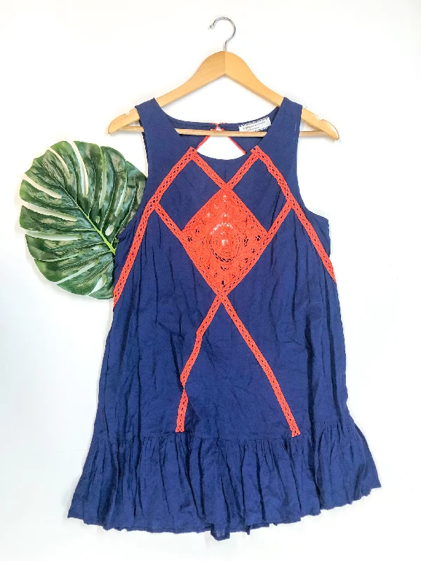 Last Chance Size Small | Ruffle Hem Tank Top Dress with Orange Crochet Detailing in Navy | ONLY 1 LEFT!