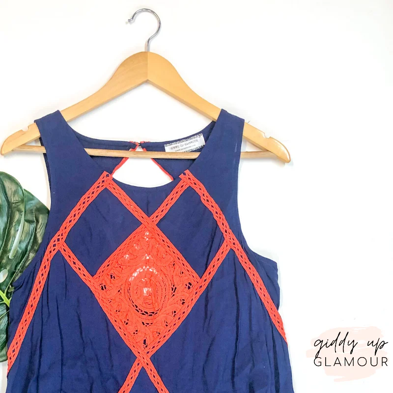 Last Chance Size Small | Ruffle Hem Tank Top Dress with Orange Crochet Detailing in Navy | ONLY 1 LEFT!