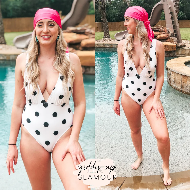 Last Chance Size Small & Medium | Getting Hotter Deep V Neck Polka Dot One Piece Swimsuit with Tie in Ivory