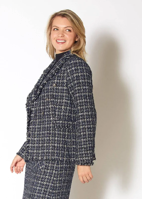 Women's Tweed Fringe Hem Blazer Jacket in Navy Tweed