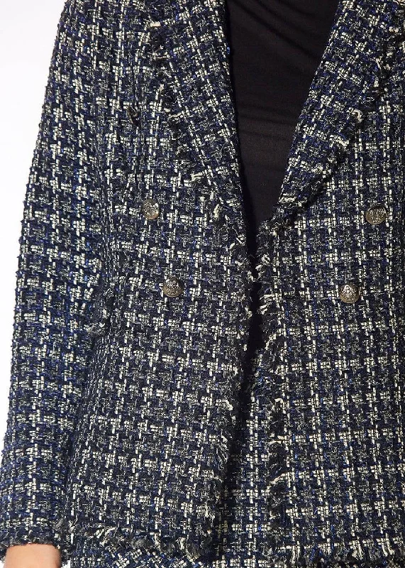 Women's Tweed Fringe Hem Blazer Jacket in Navy Tweed