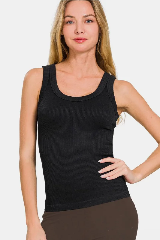 Zenana 2 Way Neckline Washed Ribbed Tank in Black