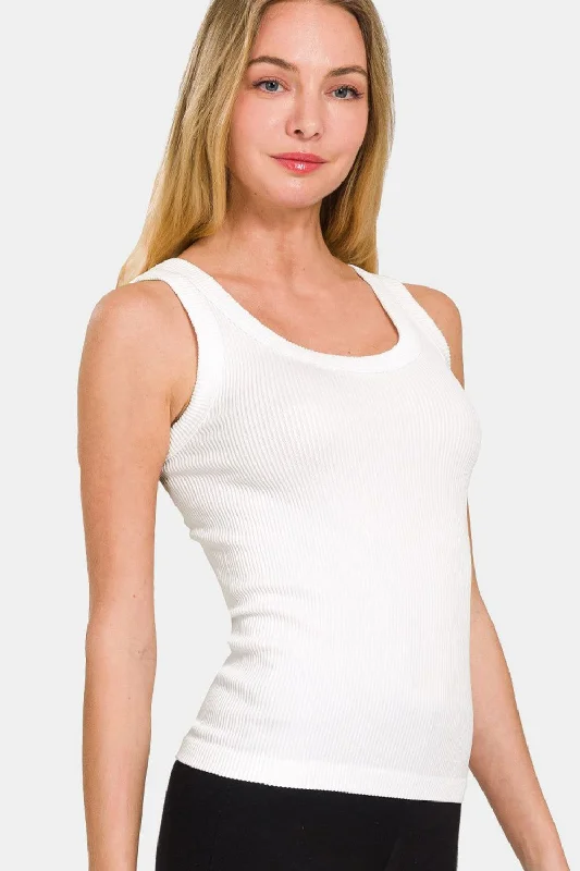 Zenana 2 Way Neckline Washed Ribbed Tank in White